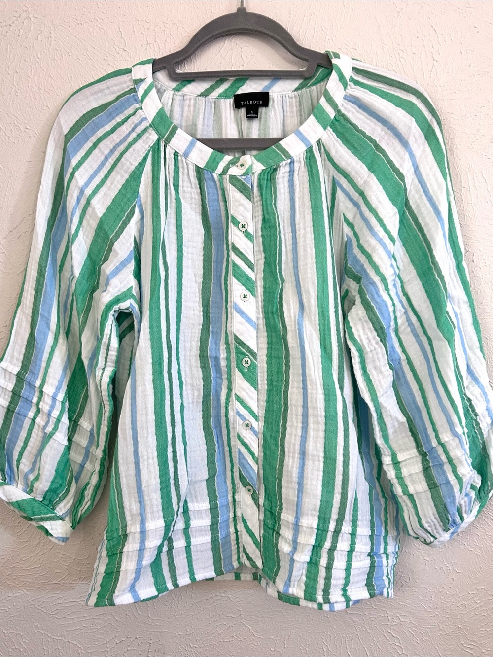 Talbots Striped Blouse in Green & White Size Small 100% cotton